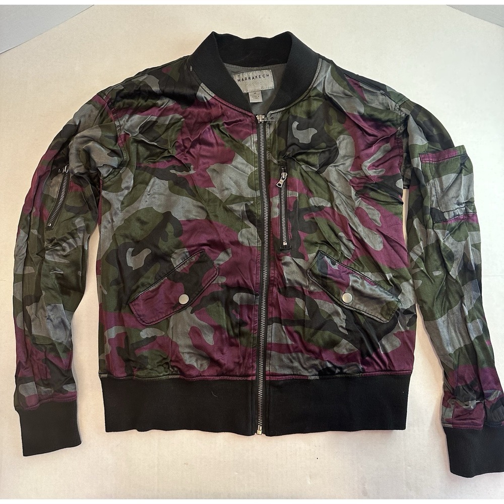 Marrakech Anthropologie Camouflage Bomber Jacket Purple Green Gray Black Size XS